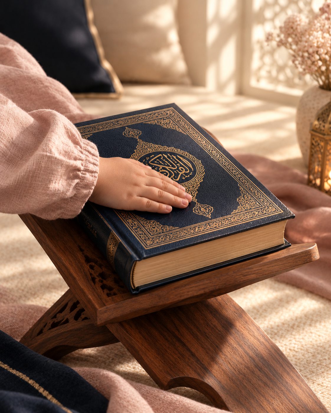 A child's hand resting on a navy Quran with gold detailing, on a wooden stand