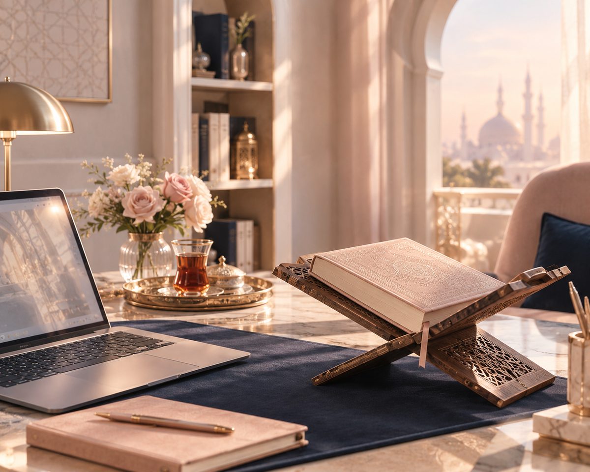 A study desk with a laptop, a Quran on a carved stand, a glass of tea and pale roses in golden light