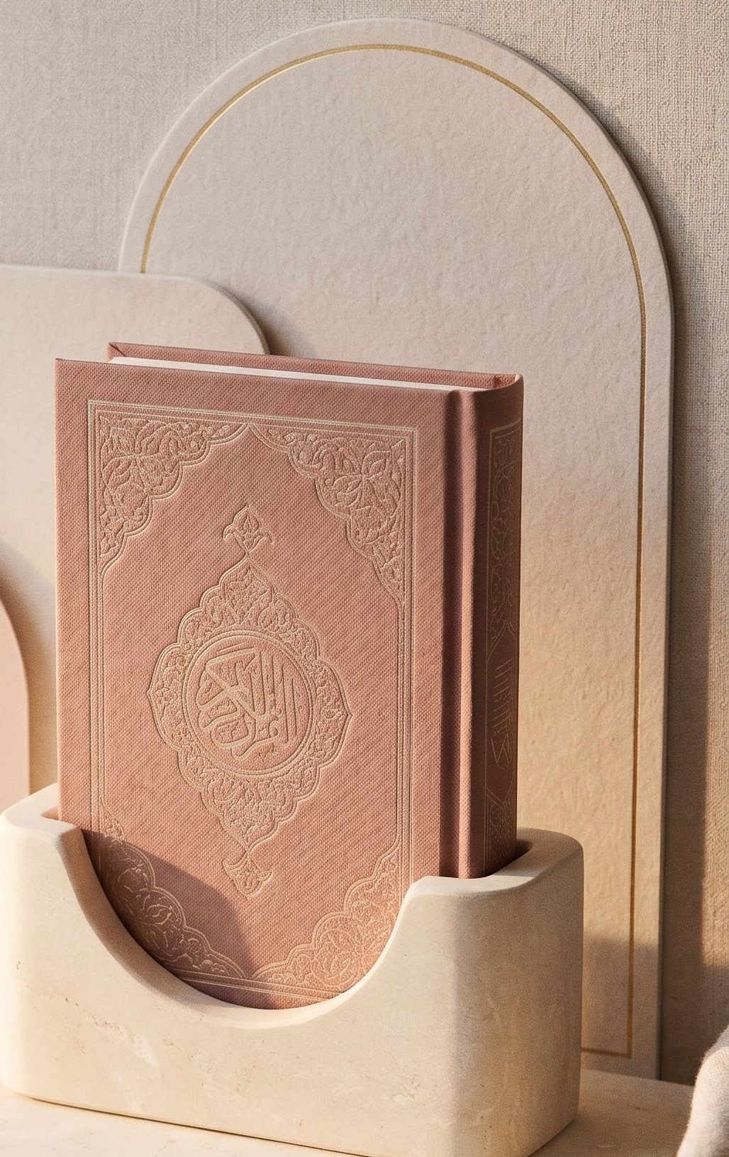 A closed Quran with an embossed rose cover standing in a cream stone holder, before an arch with a fine gold line