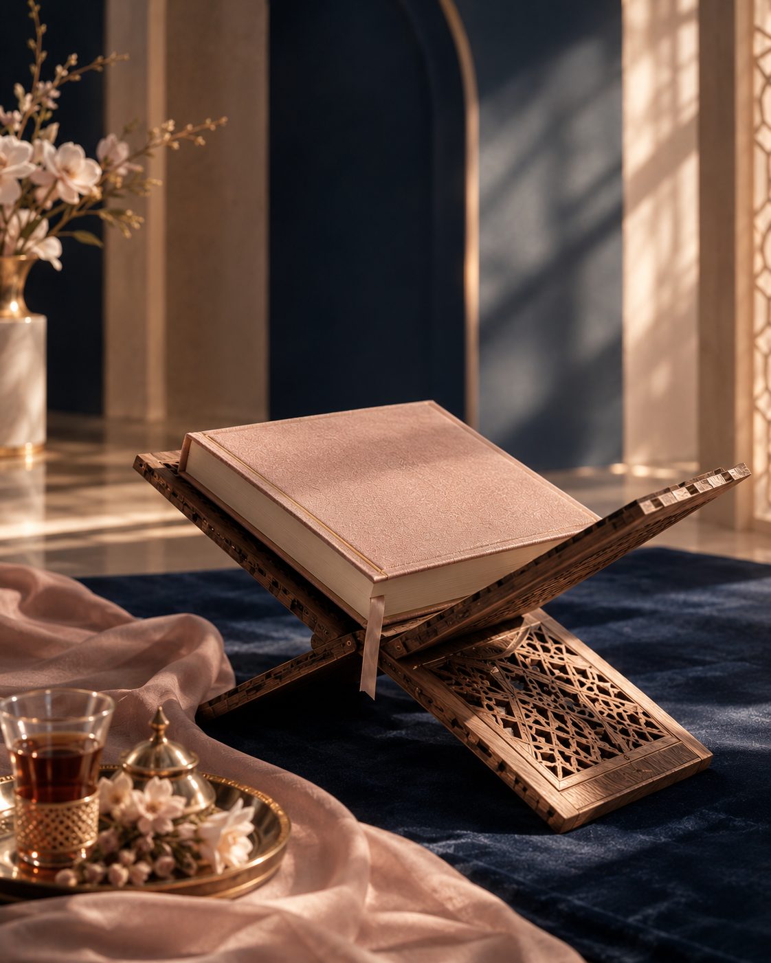 A closed Quran with a rose cover on a carved wooden rehal, on navy velvet, in warm window light